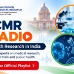 ICMR Radio banner promoting Unpacking Health Research in India, featuring medical research, healthcare innovation, clinical trials, and drone-based healthcare delivery.